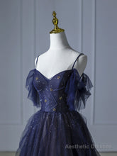 Blue Gradient Tulle Long Prom Dress,Beautiful Spaghetti Strap Celebrity Dresses